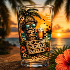 May include: A clear glass tumbler featuring a colorful graphic of a tiki statue wearing sunglasses, holding a beer mug, and standing next to a palm tree. The design includes a wooden sign with the text GOOD TIMES COLD BEER SALTY AIR.