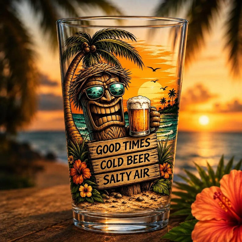 May include: A clear glass tumbler featuring a colorful graphic of a tiki statue wearing sunglasses, holding a beer mug, and standing next to a palm tree. The design includes a wooden sign with the text GOOD TIMES COLD BEER SALTY AIR.