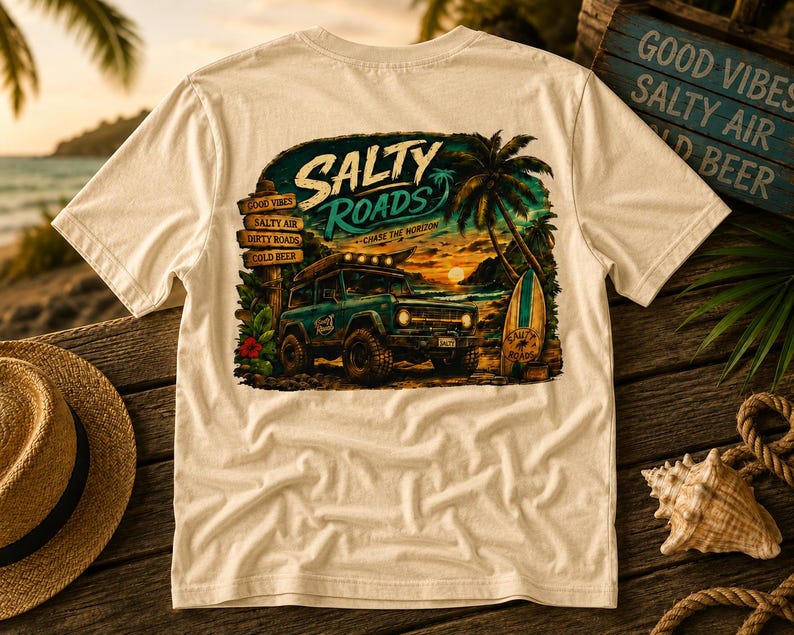 May include: A cream-colored t-shirt featuring a graphic print on the back. The design depicts a teal off-road vehicle on a beach at sunset, a surfboard, a palm tree, and a signpost with the text Salty Vibes, Salty Air, Dirty Roads, Cold Beer.