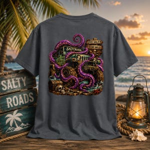 May include: A charcoal gray t-shirt featuring a graphic print of a green off-road vehicle wrapped in purple octopus tentacles. The design includes a wooden sign with the text "LIVE SALTY STAY WILD," a skull, a treasure chest, and a starfish.