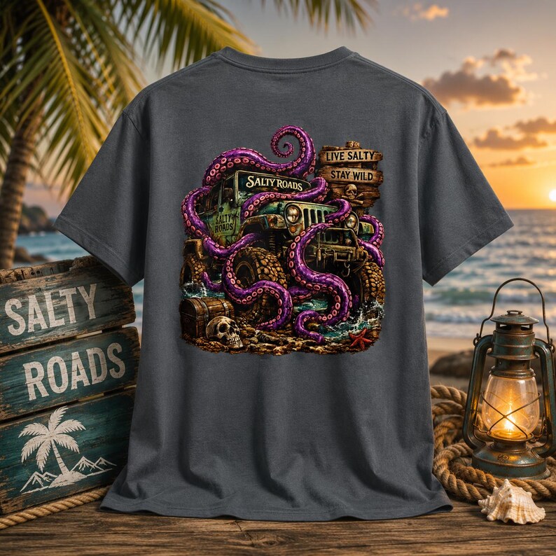 May include: A charcoal gray t-shirt featuring a graphic print of a green off-road vehicle wrapped in purple octopus tentacles. The design includes a wooden sign with the text "LIVE SALTY STAY WILD," a skull, a treasure chest, and a starfish.