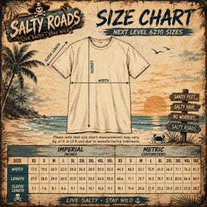 May include: A beige t-shirt size chart for Next Level 6210 featuring a beach sunset background. The graphic includes a t-shirt outline with arrows indicating width, length, and sleeve length, plus a table with imperial measurements in inches.