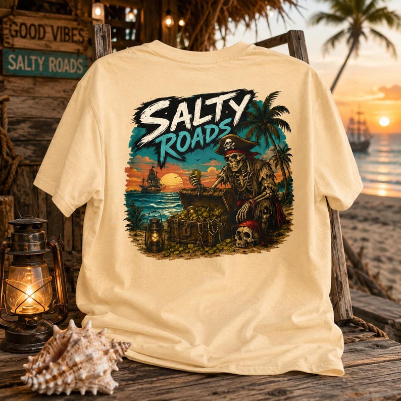 Puede incluir: Una camiseta de color crema con un estampado gr&aacute;fico de un esqueleto pirata sentado junto a un cofre del tesoro en una playa. El dise&ntilde;o incluye palmeras, un barco en el mar, una linterna y el texto SALTY ROADS en una fuente estilizada.