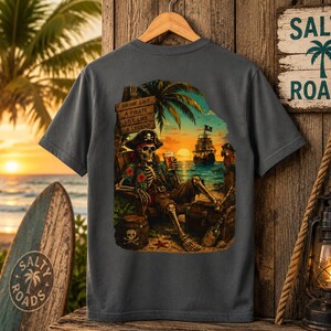 Drink Like a Pirate - Salty Roads Pirate Sunset Tee Heather Heavy Metal