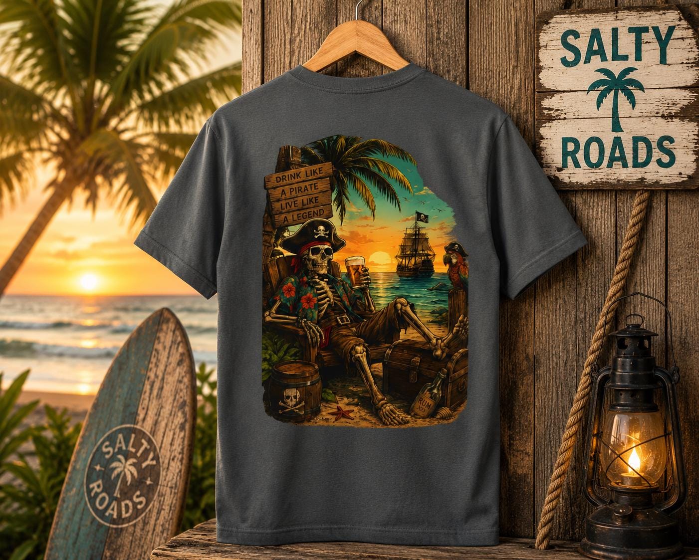 Drink Like a Pirate - Salty Roads Pirate Sunset Tee view 4