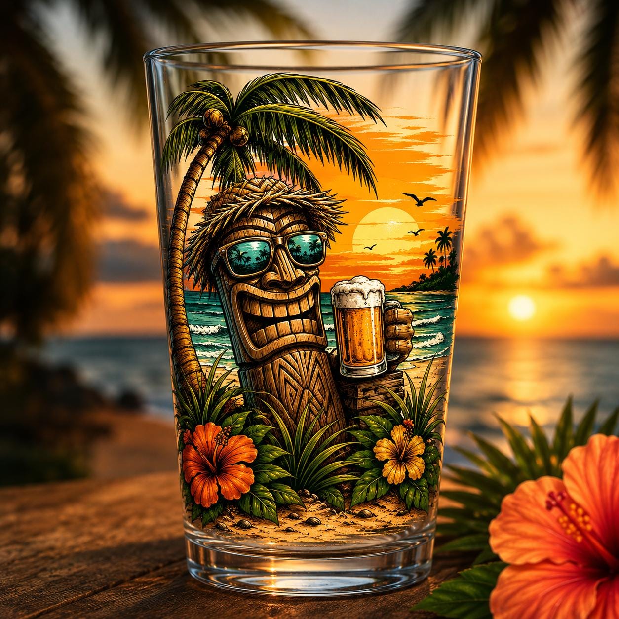 Tiki Beer Pint Glass | Tropical Beach Sunset Artwork, 16oz Glass