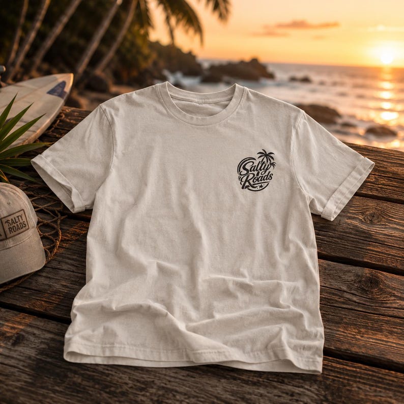 May include: A short-sleeved, off-white crew neck t-shirt featuring a black circular graphic on the left chest. The graphic depicts a palm tree and the text Salty Roads in a stylised script font. The shirt is made of a solid, light-coloured fabric.