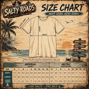 May include: A beige t-shirt size chart for Next Level 6210 featuring a beach sunset background. The graphic includes a t-shirt outline with arrows indicating width, length, and sleeve length, plus a table with imperial measurements in inches.