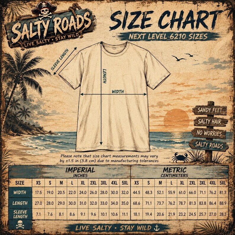 May include: A beige t-shirt size chart for Next Level 6210 featuring a beach sunset background. The graphic includes a t-shirt outline with arrows indicating width, length, and sleeve length, plus a table with imperial measurements in inches.