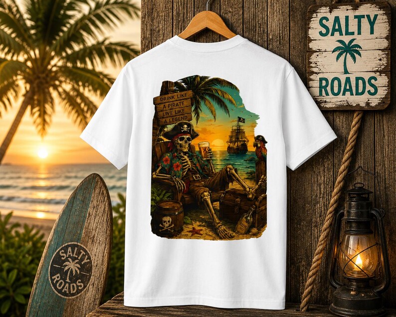 K&ouml;nnte beinhalten: Ein wei&szlig;es T-Shirt mit einem Grafikdruck eines Skeletts mit Piratenhut und Blumenhemd, das bei Sonnenuntergang in einem Stuhl am Strand sitzt. Das Skelett h&auml;lt ein Bierglas, daneben sind ein Schiff, ein Papagei, ein Fass und ein Schild mit der Aufschrift DRINK LIKE A PIRATE LIVE LIKE A LEGEND zu sehen.