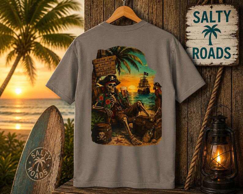 Drink Like a Pirate - Salty Roads Pirate Sunset Tee CVC Warm Gray