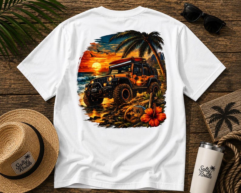 Sunset Surf Run T-Shirt – Off-Road Beach Adventure Graphic Tee CVC White