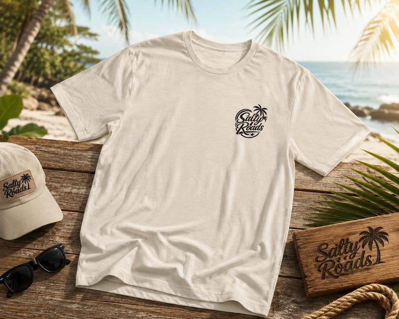 Może przedstawiać: Kremowy t-shirt z kr&oacute;tkim rękawem z małą czarną grafiką na lewej piersi z napisem Salty Roads i ikoną palmy. To samo logo znajduje się na pasującej czapce z daszkiem oraz na prostokątnej drewnianej tabliczce obok koszulki.