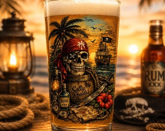 May include: A clear glass pint filled with golden liquid featuring a printed graphic of a skull wearing a red bandana and eyepatch, a wooden barrel labeled Salty Roads, a pirate ship, a rum bottle, a sword, and a red hibiscus flower.