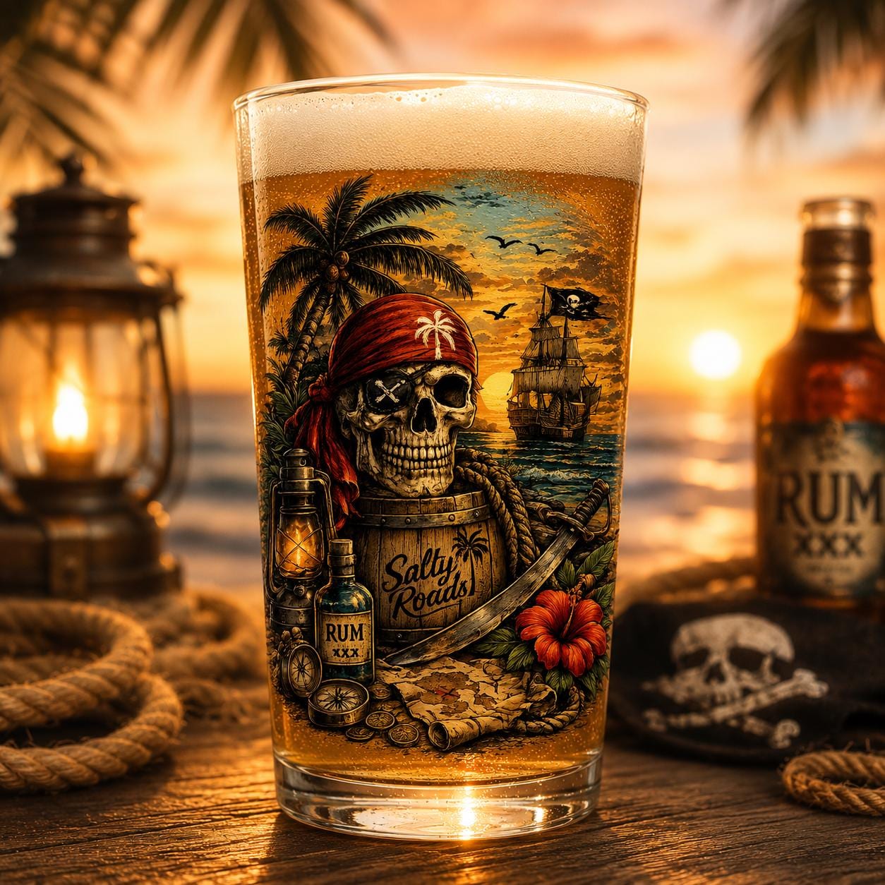 Salty Roads™ Skull & Sunset Pirate Pint Glass – Tropical Rum Runner Design