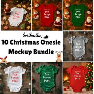 Könnte beinhalten: Eine Sammlung von Baby-Strampler-Mockups in verschiedenen Farben, darunter Weiß, Rot und Grün. Jeder Strampler trägt den Text "Your Design Here". Das Bild enthält auch Weihnachtsdekorationen und den Text "10 Christmas Onesie Mockup Bundle."
