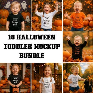 Könnte beinhalten: Eine Collage von Bildern, die ein Halloween-Kleinkind-Mockup-Bundle zeigen. Die Bilder zeigen Kinder, die T-Shirts und Strampler mit dem Text "Your Design Here" tragen. Kürbisse und Herbstblätter sind im Hintergrund. Der Text "10 Halloween Toddler Mockup Bundle" ist ebenfalls vorhanden.