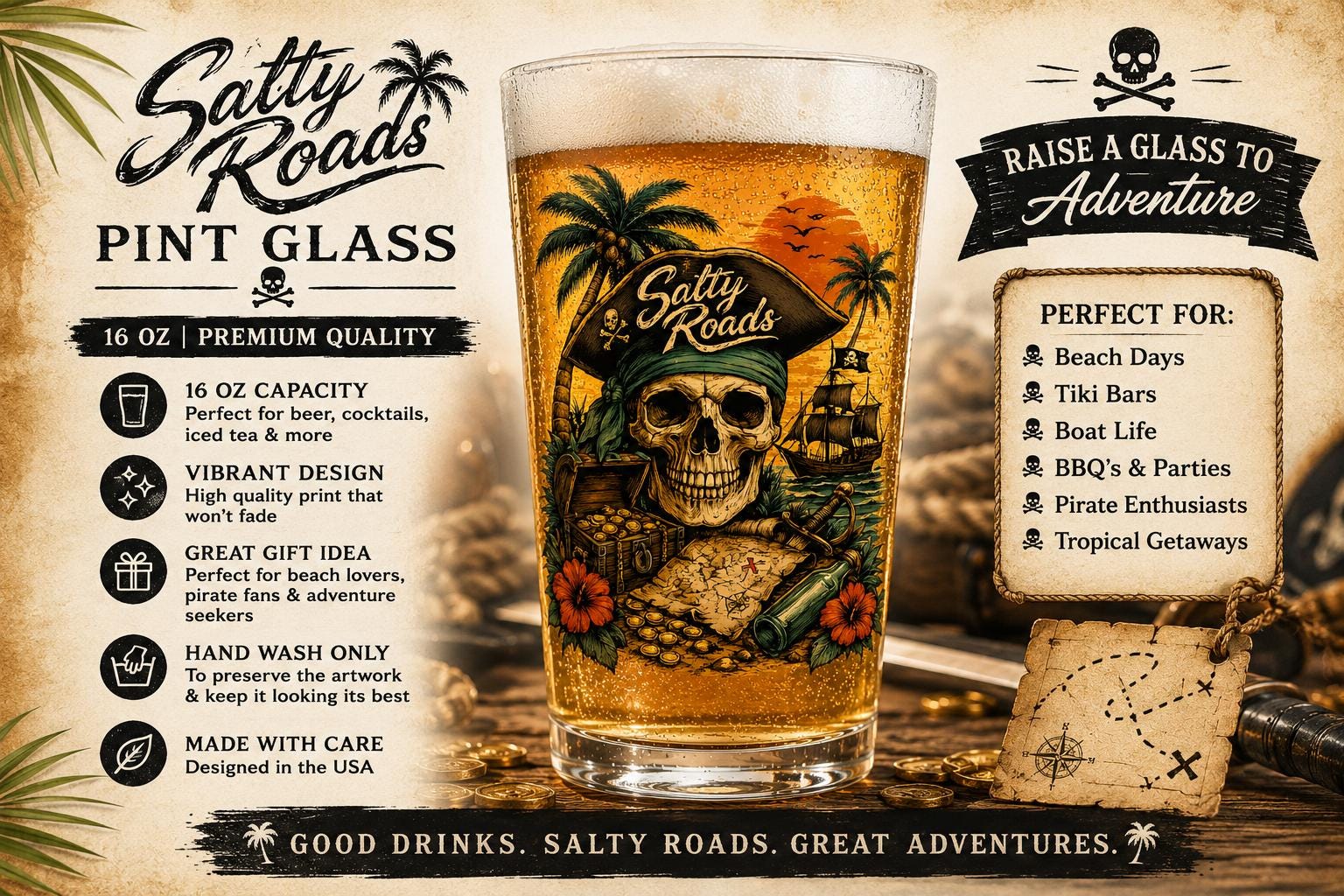 Salty Roads™ Pirate Skull & Treasure Pint view 2