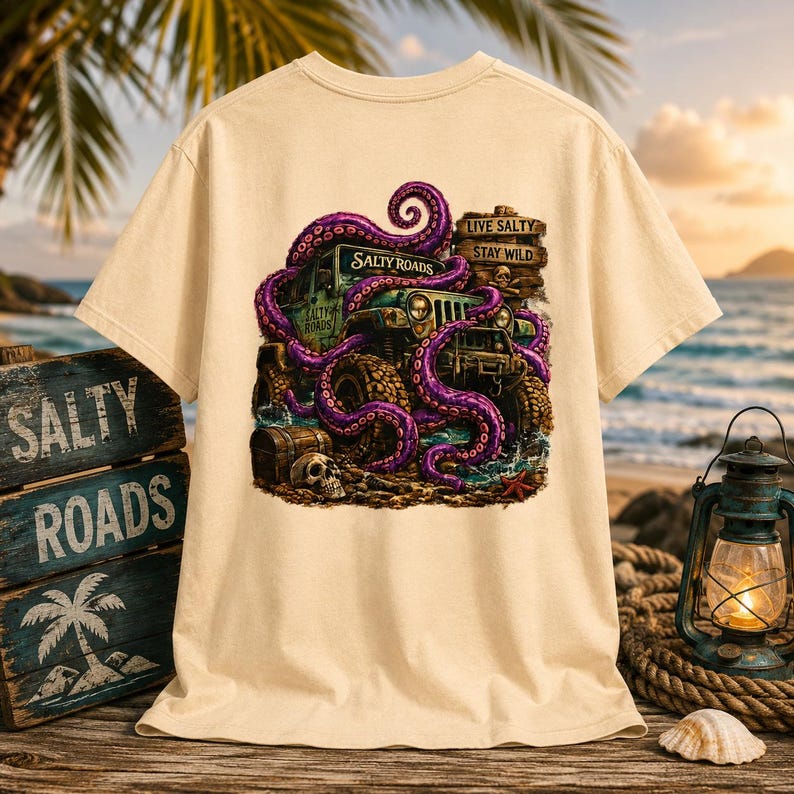 May include: A beige t-shirt featuring a graphic print of a green off-road vehicle wrapped in purple octopus tentacles. The design includes a wooden sign with the text "LIVE SALTY STAY WILD" and "SALTY ROADS," a treasure chest, and a skull.