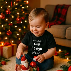 Könnte beinhalten: Ein lächelndes Kind trägt ein schwarzes T-Shirt mit dem Text "MocksyDaisy Your Design Here" und spielt mit Weihnachtsschmuck. Ein geschmückter Weihnachtsbaum und ein verpacktes Geschenk bilden den Hintergrund.