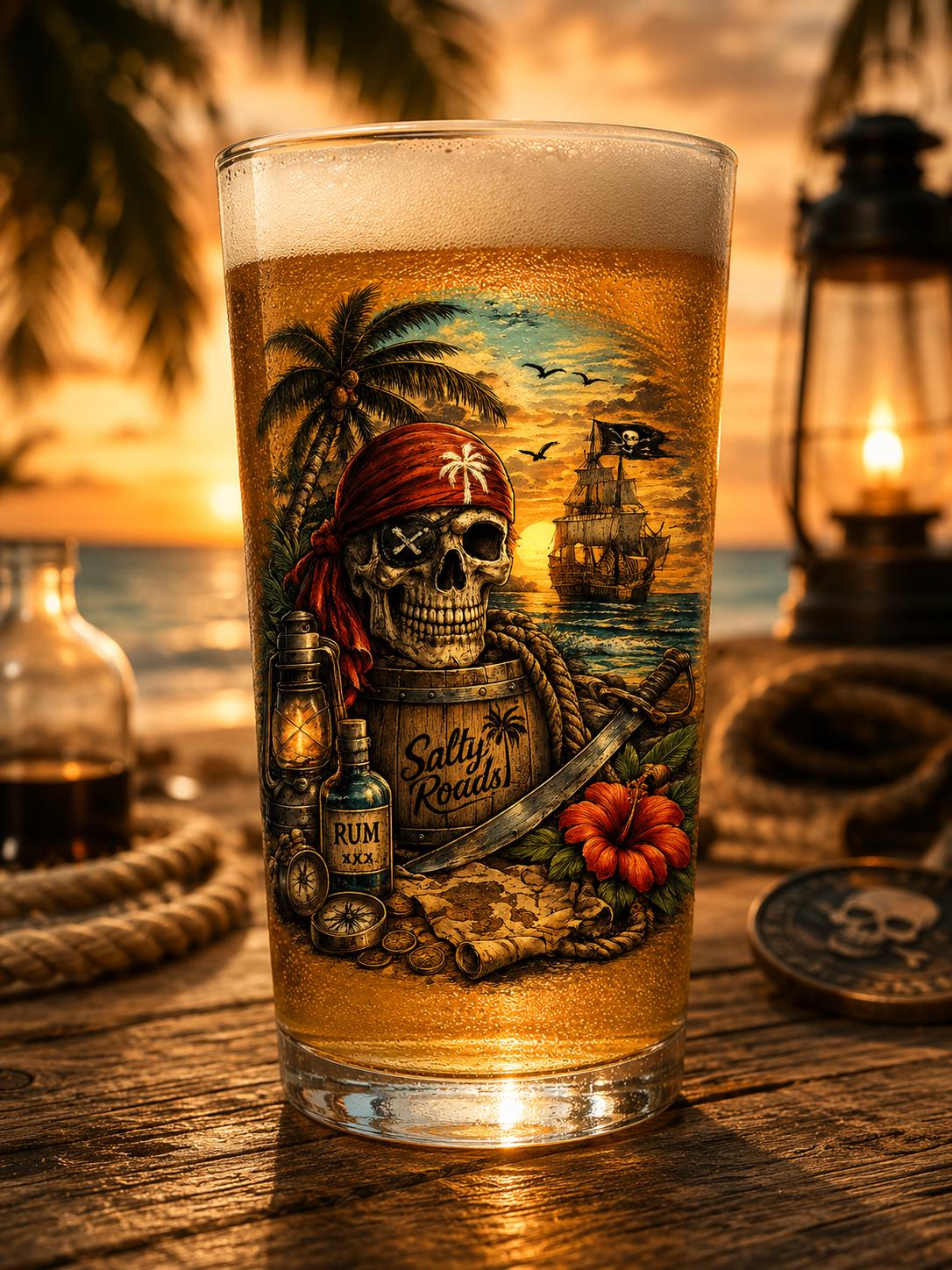 Salty Roads™ Skull & Sunset Pirate Pint Glass – Tropical Rum Runner Design view 2