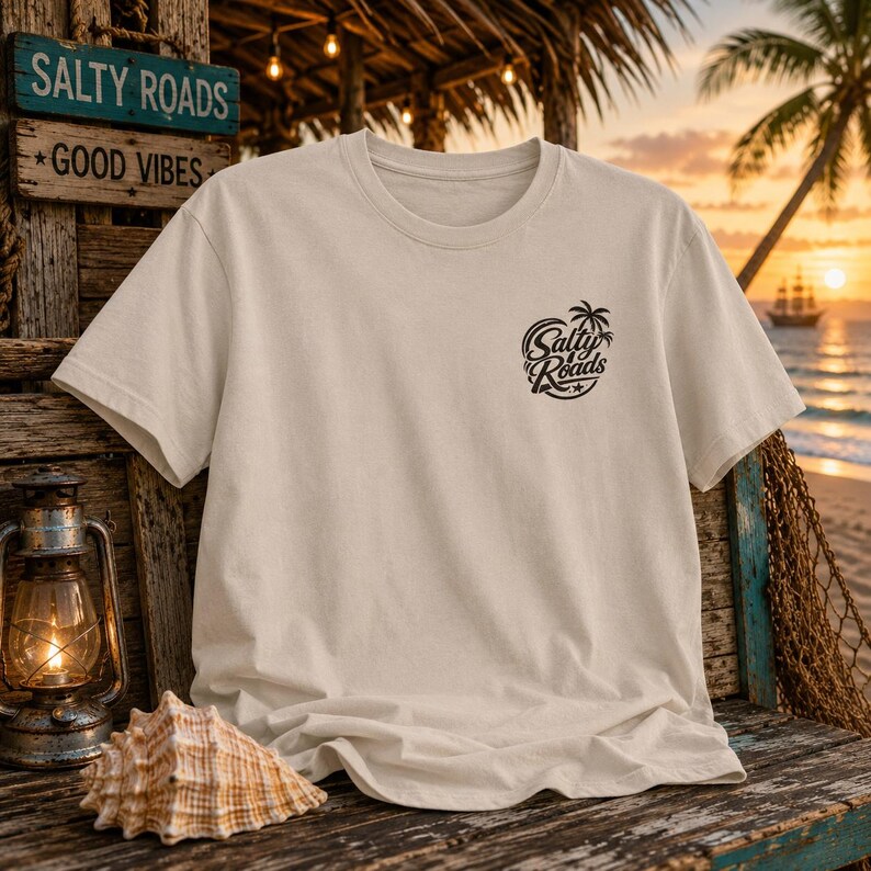 Puede incluir: Una camiseta beige de manga corta con un gr&aacute;fico circular negro en el pecho izquierdo. El dise&ntilde;o incluye la silueta de una palmera y el texto Salty Roads escrito en una fuente cursiva estilizada con una peque&ntilde;a estrella bajo las letras.