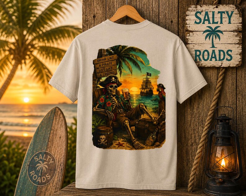 K&ouml;nnte beinhalten: Ein beiges T-Shirt mit einem Grafikdruck eines Skeletts mit Piratenhut und Blumenhemd, das bei Sonnenuntergang in einem Stuhl am Strand sitzt. Der Druck zeigt ein Schiff, einen Papagei, ein Fass und den Text: Drink like a pirate, live like a legend.