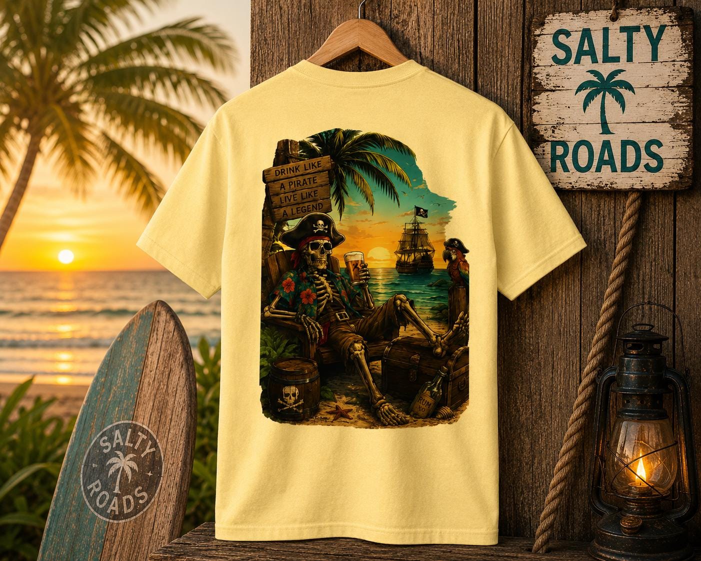 Drink Like a Pirate - Salty Roads Pirate Sunset Tee view 7