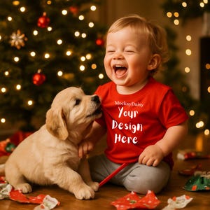 Puede incluir: Un niño con una camiseta roja con el texto "Your Design Here" se ríe, sentado en un suelo de madera con un cachorro golden retriever. Un árbol de Navidad con luces está en el fondo. Escena festiva con un cachorro juguetón.