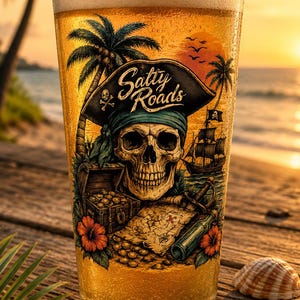 May include: A clear glass filled with golden beer featuring a printed graphic of a skull wearing a pirate hat with the text Salty Roads, a treasure chest, a map, a sword, a bottle, palm trees, and a ship silhouette against a sunset background.