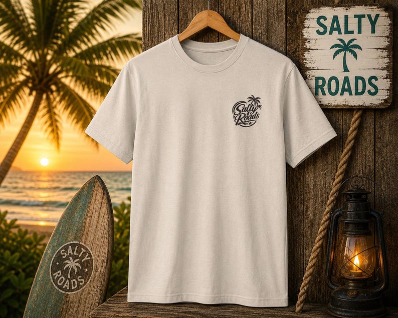 K&ouml;nnte beinhalten: Ein hellbeiges T-Shirt mit kurzen &Auml;rmeln und einer kleinen dunklen Grafik auf der linken Brustseite. Die Grafik zeigt ein Palmensymbol &uuml;ber dem Schriftzug Salty Roads in einer stilisierten Schreibschrift, erg&auml;nzt durch einen kleinen Stern.