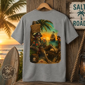 Drink Like a Pirate - Salty Roads Pirate Sunset Tee Dark Heather Grey