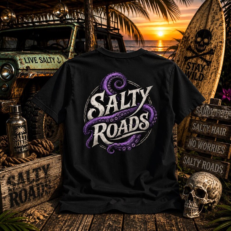 May include: A black t-shirt featuring a graphic on the back with the text SALTY ROADS in white, stylized lettering. The text is intertwined with a purple octopus tentacle, all enclosed within a circular border design on the fabric.