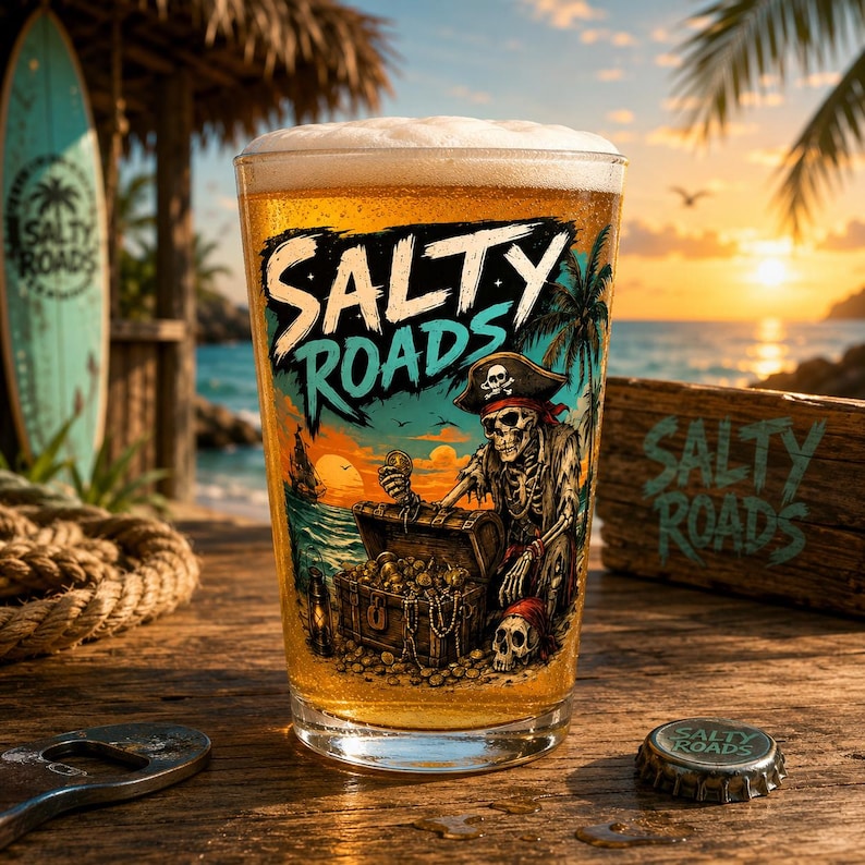 May include: A clear glass filled with golden beer topped with white foam, featuring a graphic of a skeleton pirate wearing a hat, holding a gold coin by a treasure chest, with the text SALTY ROADS printed in bold black and teal lettering.