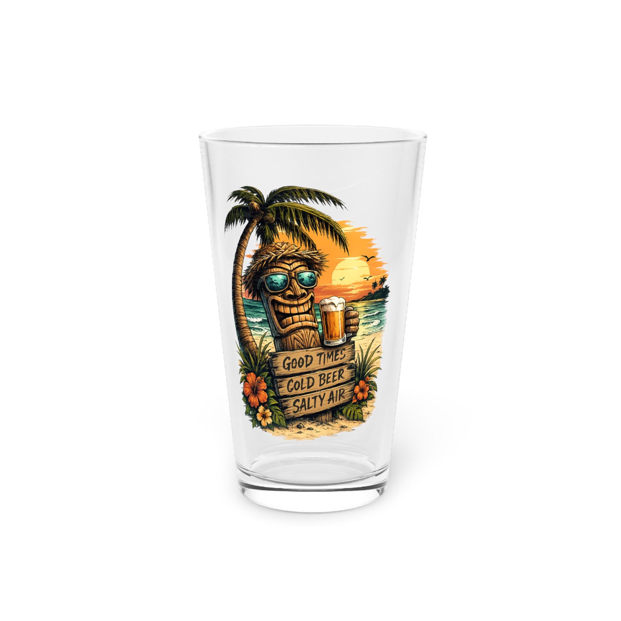 Tiki Beer Pint Glass | Tropical Beach Sunset Artwork, 16oz Glass view 2