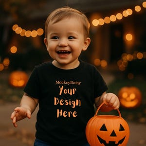 Könnte beinhalten: Ein lächelndes Kind trägt ein schwarzes T-Shirt mit dem Text "Your Design Here" in Orange und hält einen orangefarbenen Kürbis-Eimer. Der Hintergrund zeigt verschwommene Lichterketten und einen geschnitzten Kürbis, was auf Halloween hindeutet.