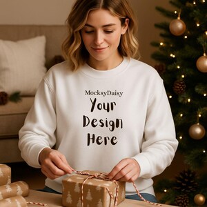 Könnte beinhalten: Eine Person trägt ein weißes Sweatshirt mit dem Text "MocksyDaisy Your Design Here". Sie bindet ein Geschenkband um ein verpacktes Geschenk. Im Hintergrund sind ein Weihnachtsbaum und weitere Geschenke zu sehen.