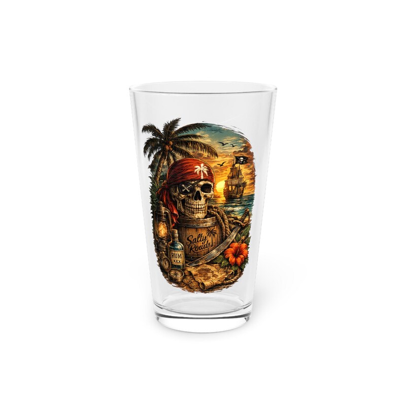 Salty Roads™ Skull & Sunset Pirate Pint Glass – Tropical Rum Runner Design image 4
