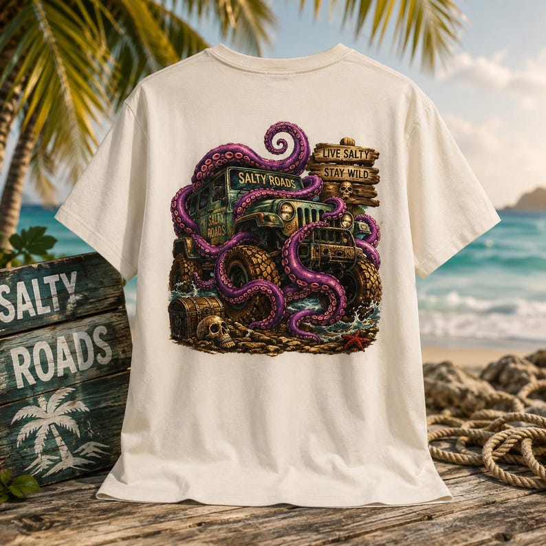 May include: An off-white t-shirt featuring a graphic of a green off-road vehicle wrapped in purple octopus tentacles. The design includes a wooden sign reading "LIVE SALTY STAY WILD," a skull, a treasure chest, and the text "SALTY ROADS."