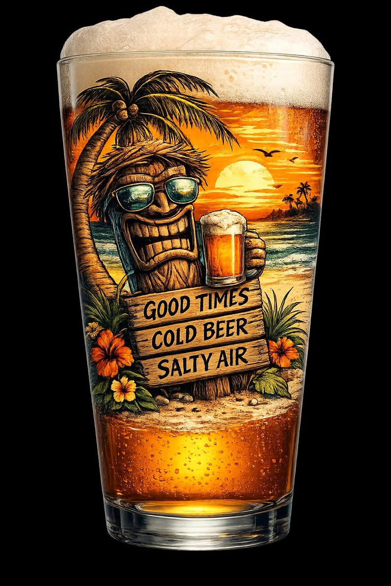 May include: A clear glass filled with golden beer featuring a graphic of a tiki figure wearing sunglasses, holding a smaller beer, and standing on a beach with a palm tree. A wooden sign reads GOOD TIMES COLD BEER SALTY AIR.