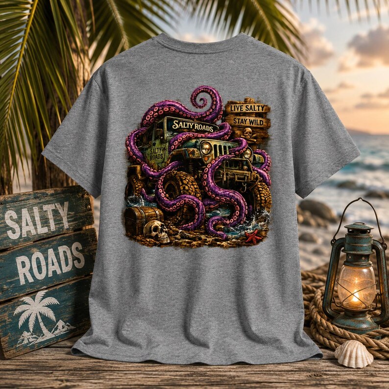 May include: A heather gray t-shirt featuring a graphic of a green off-road vehicle wrapped in purple octopus tentacles. The design includes a wooden sign reading "LIVE SALTY STAY WILD" and "SALTY ROADS," along with a skull and a small treasure chest.
