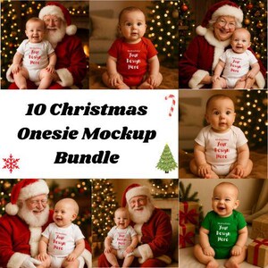 Könnte beinhalten: Ein Mockup-Bundle mit Babys in Weihnachts-Stramplern. Die Strampler sind rot, weiß und grün, mit dem Text "Your Design Here". Der Weihnachtsmann und Weihnachtsbäume sind im Hintergrund. Der Text "10 Christmas Onesie Mockup Bundle" ist ebenfalls sichtbar.