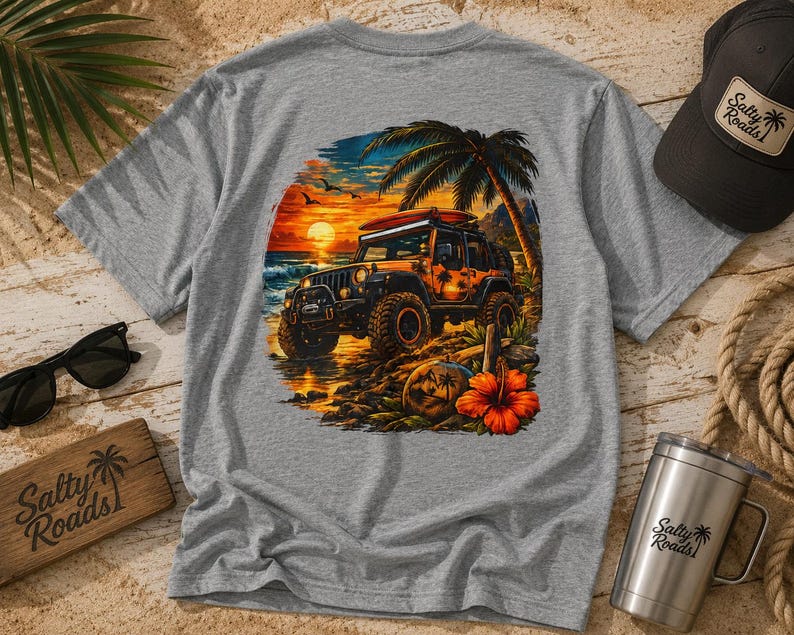 Sunset Surf Run T-Shirt – Off-Road Beach Adventure Graphic Tee CVC Warm Gray