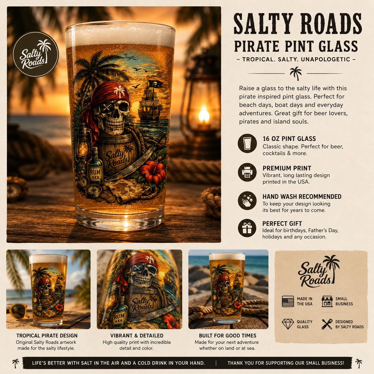 Salty Roads™ Skull & Sunset Pirate Pint Glass – Tropical Rum Runner Design view 3