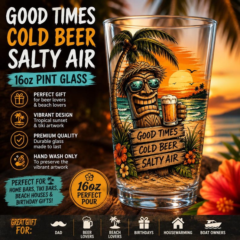 Tiki Beer Pint Glass | Tropical Beach Sunset Artwork, 16oz Glass image 3