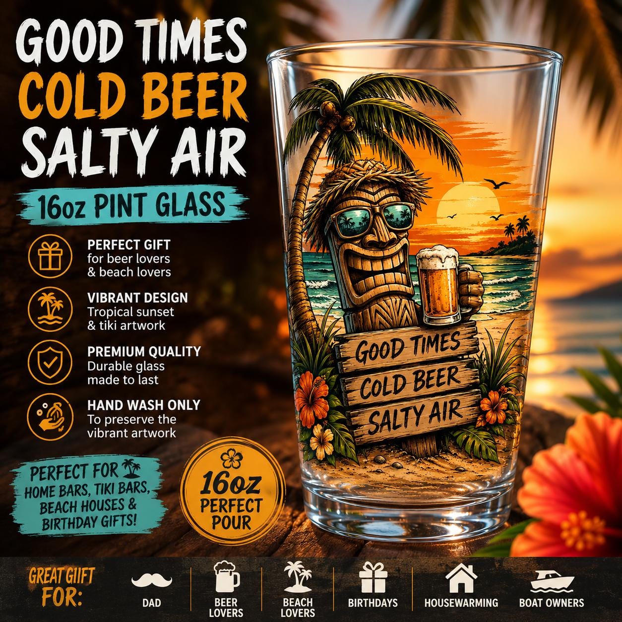Tiki Beer Pint Glass | Tropical Beach Sunset Artwork, 16oz Glass view 3