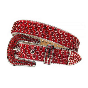Red Rhinestone Alligator Leather Belt: Silver Buckle Bling