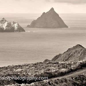 The Skellig Islands and road in black and white