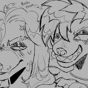 Puede incluir: Un boceto en escala de grises de dos personajes antropomórficos con aspecto de lobo, ambos con aspecto de estar borrachos. El texto "Both Drunk" está encima de ellos. Uno tiene una expresión ligeramente triste, mientras que el otro tiene una sonrisa amplia y dentuda.