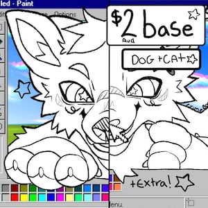 May include: A black and white digital art piece of a cartoon dog or cat character, with star-shaped eyes and a toothy grin. The image is styled to look like it was created in Microsoft Paint, with text that reads "$2 base" and "Dog + Cat + Extra!"